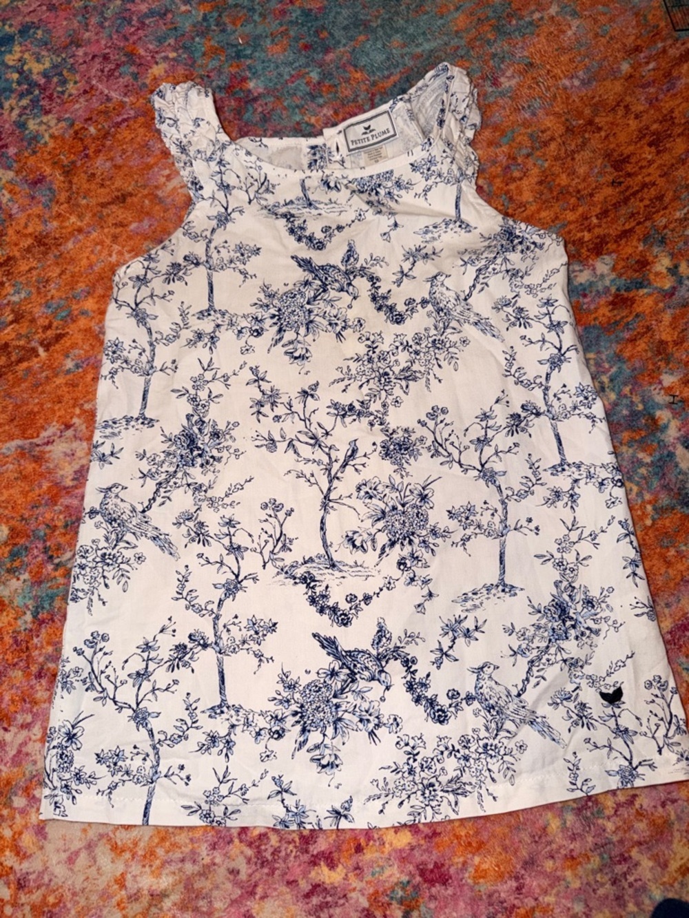 Petite Plume Girls Toile Top Size 10 Blue White Bird Floral Sleeveless Blouse